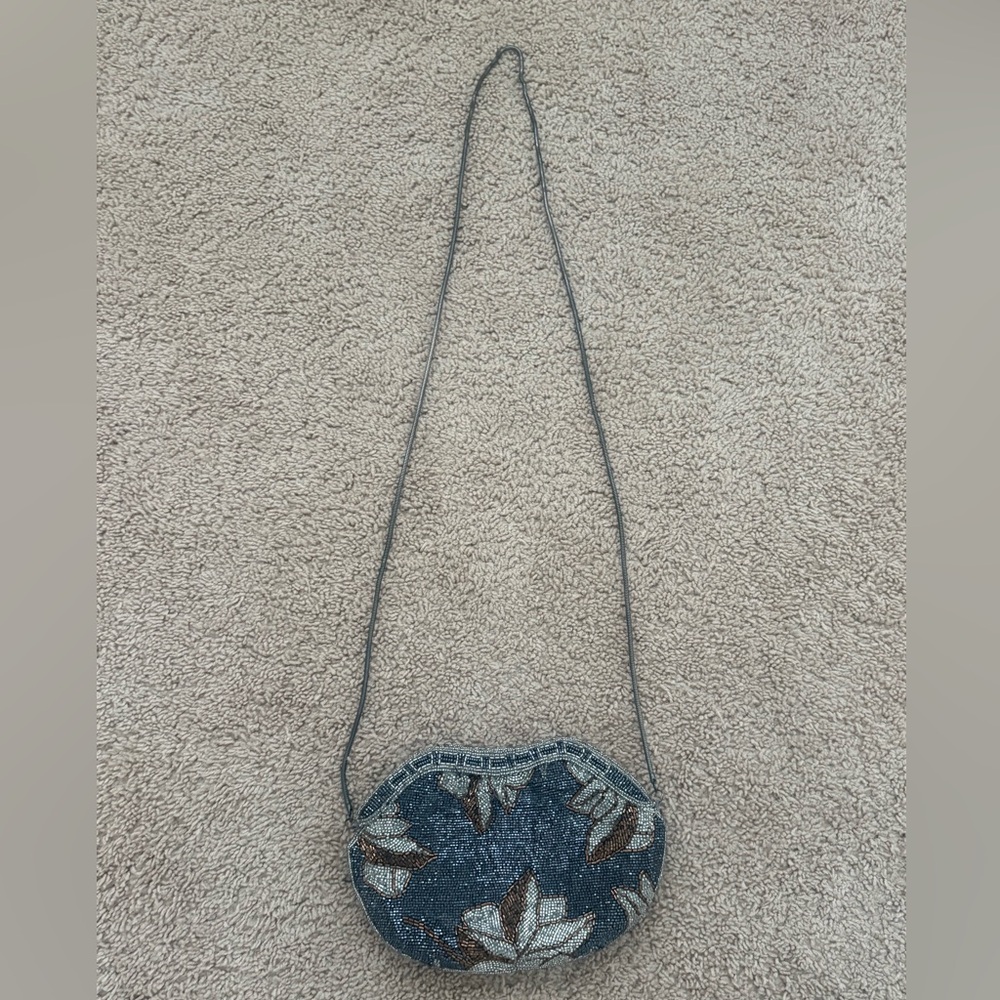 Vintage Genie Beaded Evening Bag Floral Glass Bead Purse Blue Silver Korea